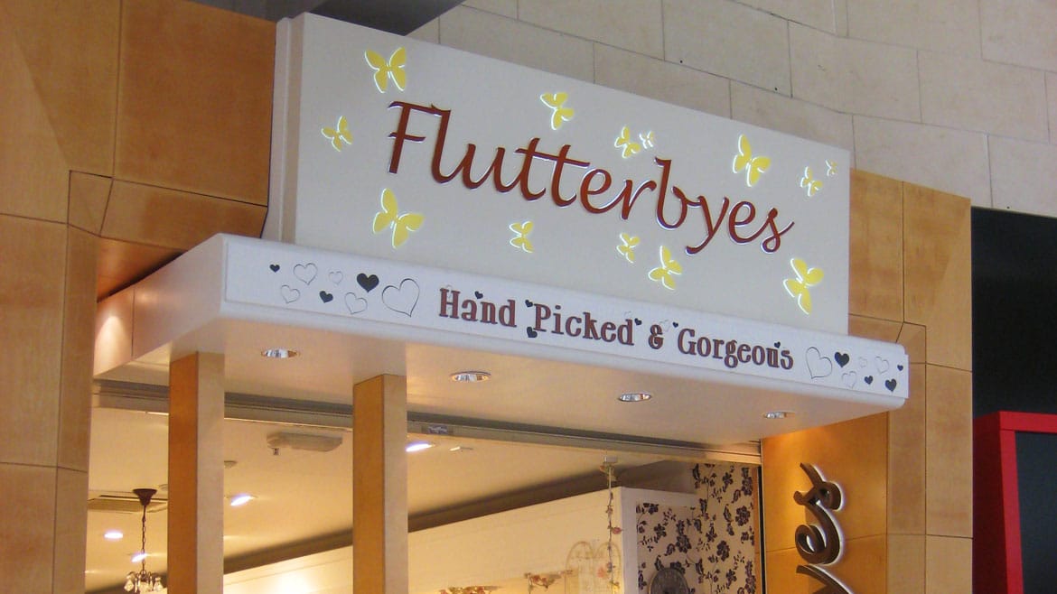 Illuminated store signs for Flutterbyes in Bluewater