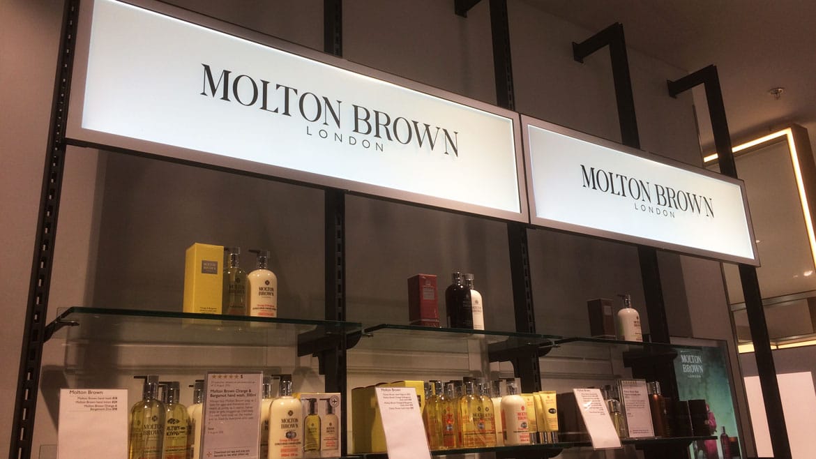 LED retail display lightboxes for Molton Brown in John Lewis Chelmsford