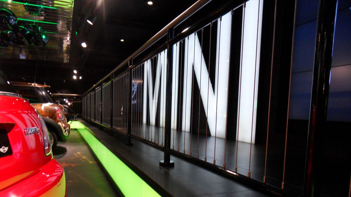 MINI car showroom sign and feature lighting at Park Lane in London