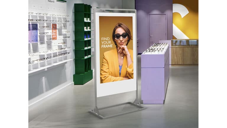 Slimline Freestanding Double Sided Digital Screen in an Optician